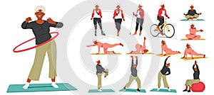 Elderly Woman Character Doing Various Exercises Like Stretching, Cardio, Yoga, Pilates, Bicycling and Rollerblading