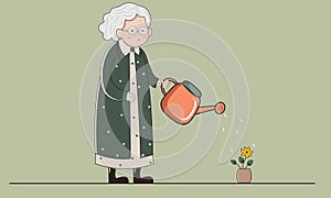 Elderly Woman Character Pouring Water To Plant From A Watering Can On Pastel Green