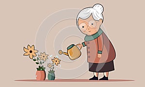 Elderly Woman Character Pouring Water To Plant From A Watering Can On Peach