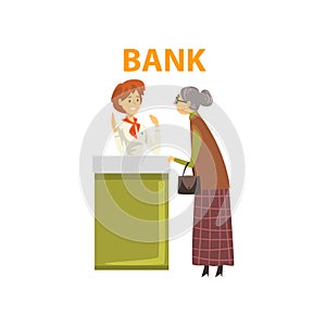 Elderly Woman Consulting at Manager at Bank Office, Female Bank Worker Providing Services to Client Vector Illustration