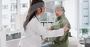 Elderly woman, doctor and physiotherapy of arm for support, help and healthcare. Senior, medical professional and person