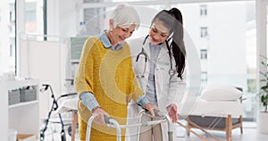 Elderly woman, doctor and physiotherapy with walker for support, help and healthcare. Walking frame, medical