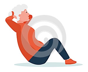 Elderly woman doing abs exercises. Healthy lifestyle. Flat cartoon illustration vector set. Active sport concept set.