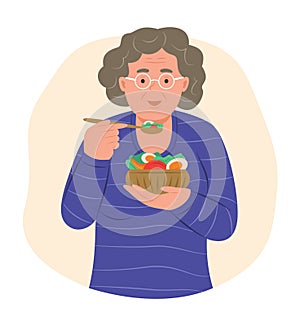 Elderly Woman Eating Salad for Healthy Eating Concept Illustration