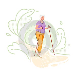 Elderly woman is engaged in Nordic walking in nature green background. Fitness for pensioner. Active lifestyle care old