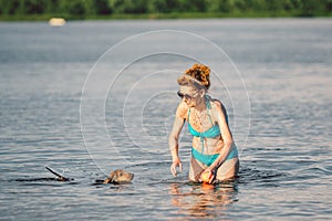 Elderly woman enjoying outdoor activities playing ball in river swimming with her cute dog Dachshund breed. concept pets, love for