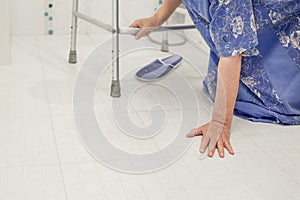 Elderly woman falling in bathroom , slippery surfaces