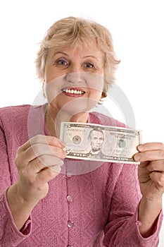 The elderly woman with a five-dollar denomination