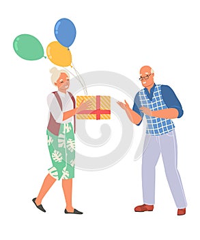 Elderly woman giving gift for senior man vector illustration