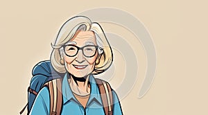 An elderly woman with glasses and a backpack is happily smiling