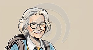 Elderly woman with glasses and backpack is happily smiling