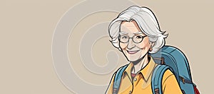 Elderly woman in glasses and backpack smiles, showcasing happy expression