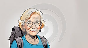 Elderly woman with glasses and a backpack smiling happily