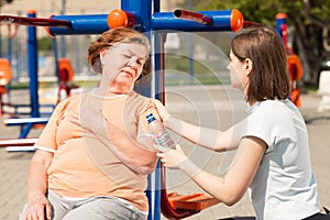 Elderly woman got heart attack at playground.