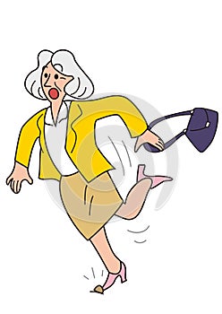 An elderly woman with gray hair who went shopping tripped over a stone and almost fell.