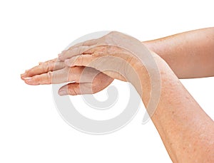 Elderly woman hand with apply cream  gesture isolate is on white background with clipping path