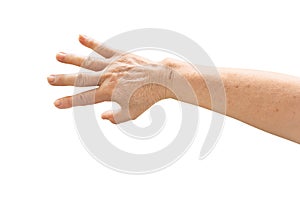 Elderly woman hand open isolate is on white background with clipping path