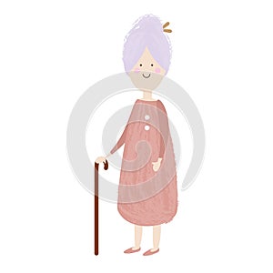 Elderly woman. Happy old lady. cartoon senior female. Grandmother retired with cane