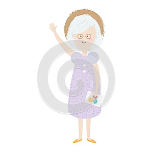 Elderly woman. Happy old lady. cartoon senior female. Grandmother retired in summer hat and dress