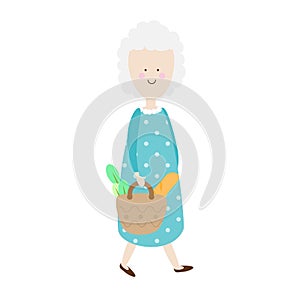 Elderly woman. Happy old lady. cartoon senior female. Grandmother retired walking with shopping bag