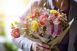 The elderly woman is holding a beautiful bouquet of flowers in her hands. Mother's Day.