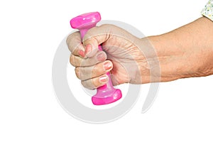 Elderly woman holding dumbbells