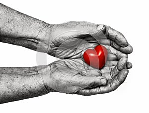 Elderly woman keeping red heart in her palms