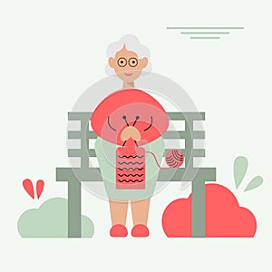 Elderly woman knitting on a park bench. Knitting concept. Vector flat illustration