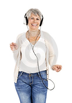 Elderly woman listen music