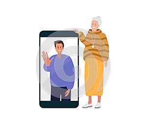 Elderly woman looking at her smartphone and smiling. Young man on screen mobile phone. Elderly mother talks to her adult