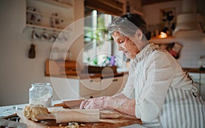 Elderly woman making cakes in a kitchen at home. Copy space.