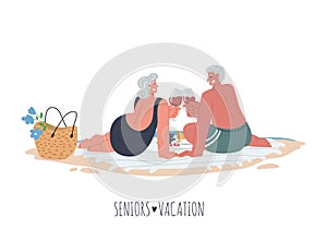Elderly woman and man make a sea shore picnic on the beach blanket drinking wine.Vector flat illustration.