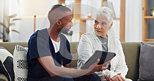 Elderly woman, man and tablet, caregiver with patient for healthcare and medical information or help with social media