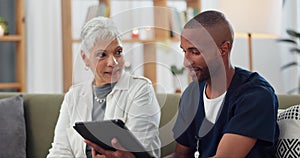 Elderly woman, man and tablet with nurse and patient for health and medical information or help with social media