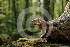 Elderly Woman Meditating Peacefully in Forest