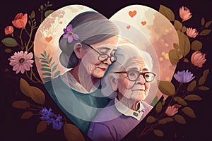 Elderly woman and middle age female, hug each other, smiling, background is filled with vibrant spring flowers