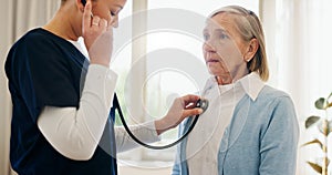 Elderly woman, nurse or stethoscope for healthcare, examination or chest problem at hospital or clinic. Medical, senior