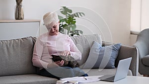 Elderly Woman Petting a Cat on the Couch