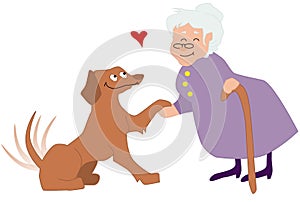 Elderly woman petting a dog