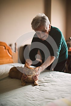 Elderly woman petting her cat on the bed