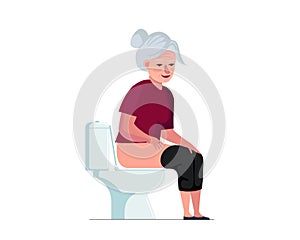 Elderly woman pissing or pooping in WC. Grandmother sitting on toilet bowl in lavatory. Old senior female person