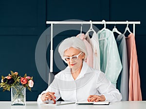 Elderly woman portrait busy seniority workplace