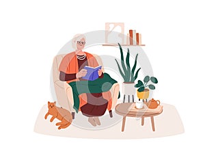 Elderly woman reading book, sitting in cozy armchair. Old female character, granny reader with novel. Senior lady in