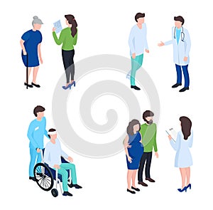 Elderly woman reading, patient talking to doctor, caregiver with senior man in wheelchair, pregnant couple with doctor