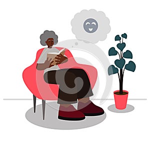Elderly woman reads book and laughs isolated vector illustration smiley face