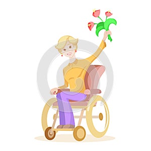 Elderly woman rejoices and holds flowers