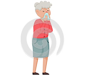 Elderly woman with runny nose. Sneezing female patient. Season allergy. Sick lady sneeze in hospital