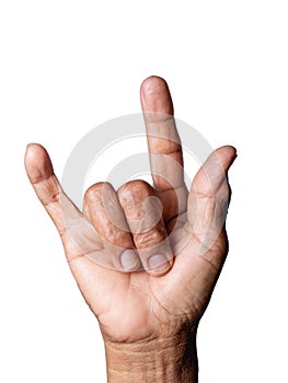 elderly woman show hand sign language I LOVE YOU isolated on white background with clipping path
