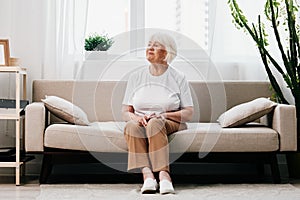 Elderly woman sits on sofa at home, bright spacious interior in old age smile, lifestyle. Grandmother with gray hair in
