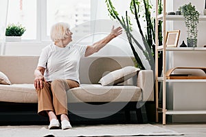 Elderly woman sits on sofa at home, bright spacious interior in old age smile, lifestyle. Grandmother with gray hair in